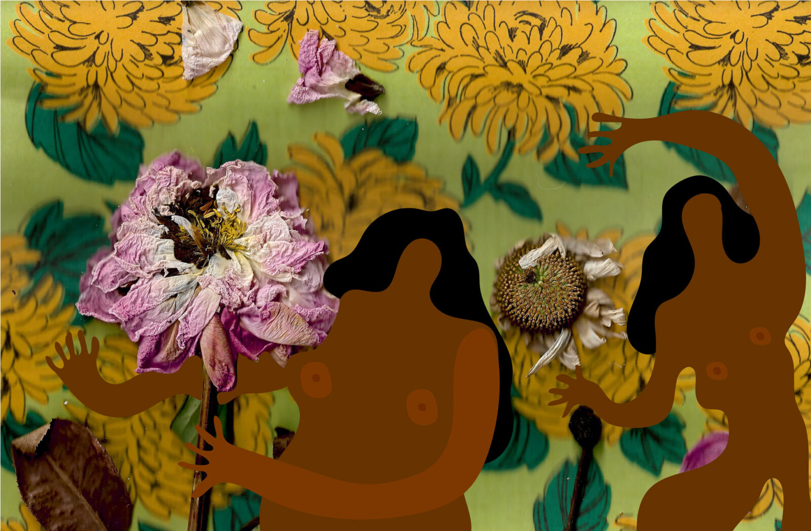An abstract digital painting of a Black woman surrounded by yellow flowers on a green background. She is holding a pink dried flower that has been scanned and added on top of the digital image.