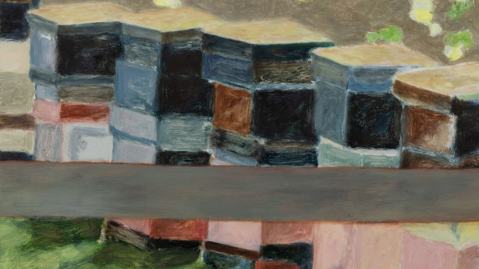 A close up detail of an oil painting showing some dark coloured beehives