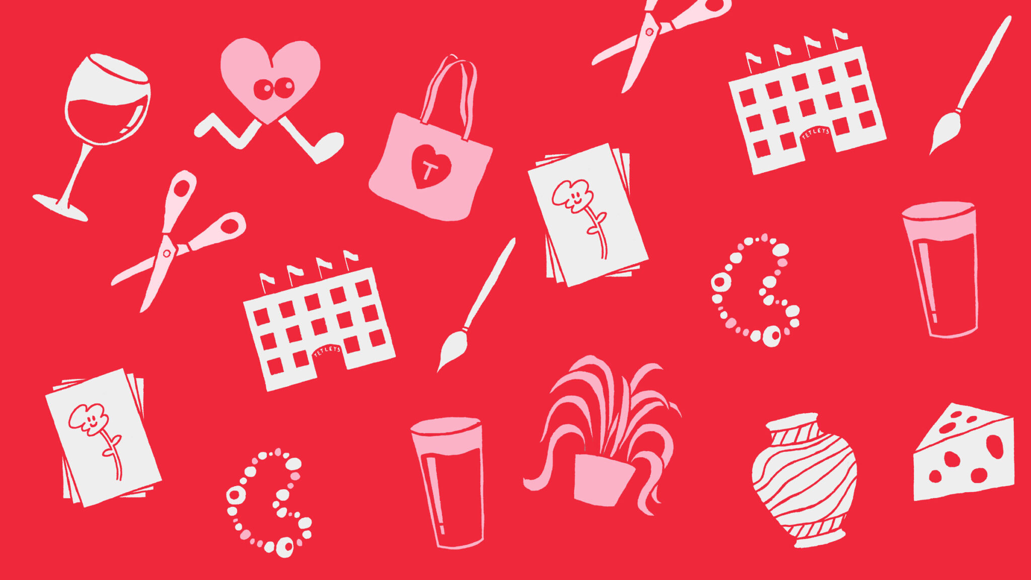 A red graphic with illustrations of a tote bag, a wine glass, scissors, The Tetley building, a vase, cheese, a necklace, a painting, and a pint
