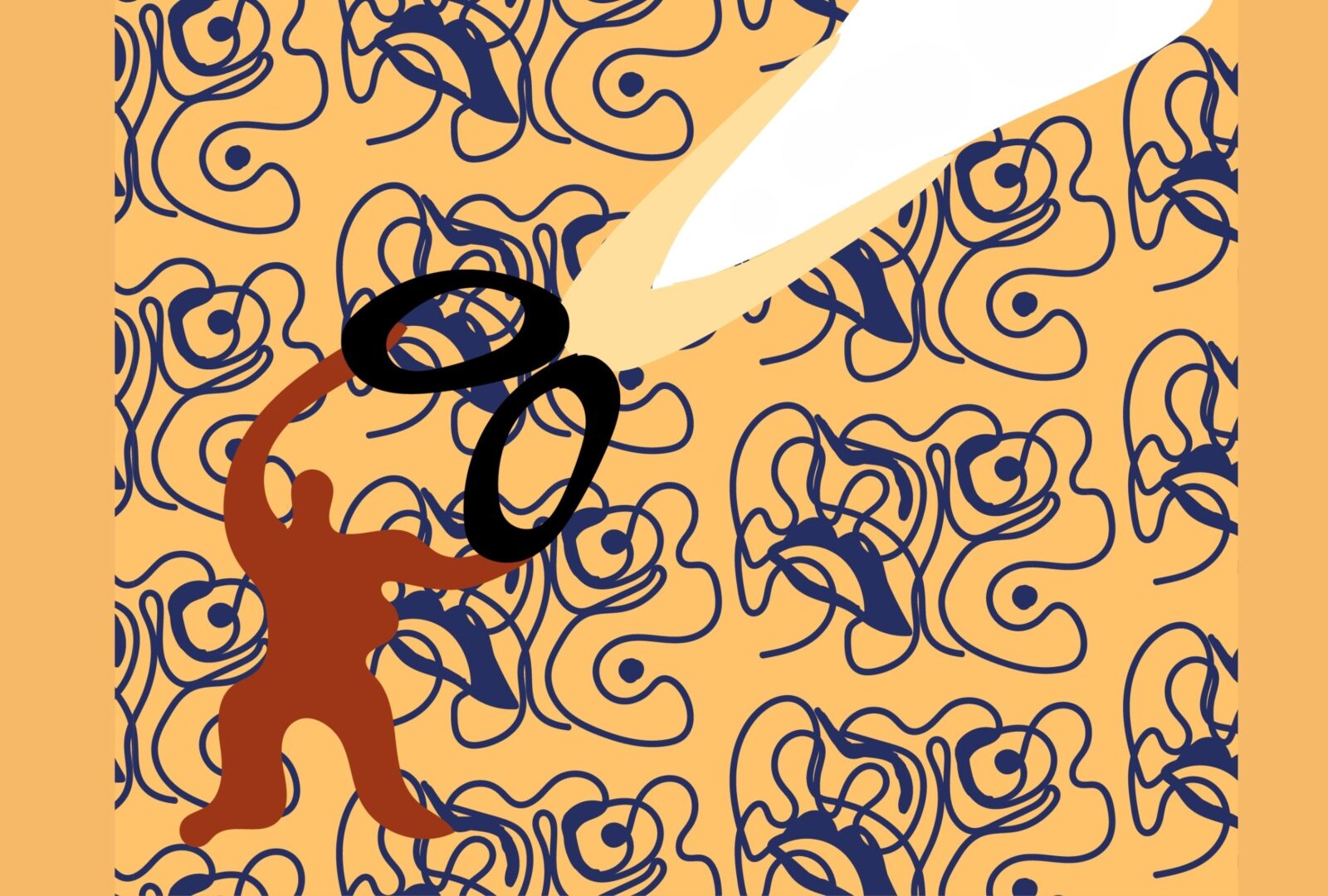 A digital collage image with an abstract person holding large scissors and cutting out a white strip of paper. Behind them is a blue and light orange repeated swiggly pattern.
