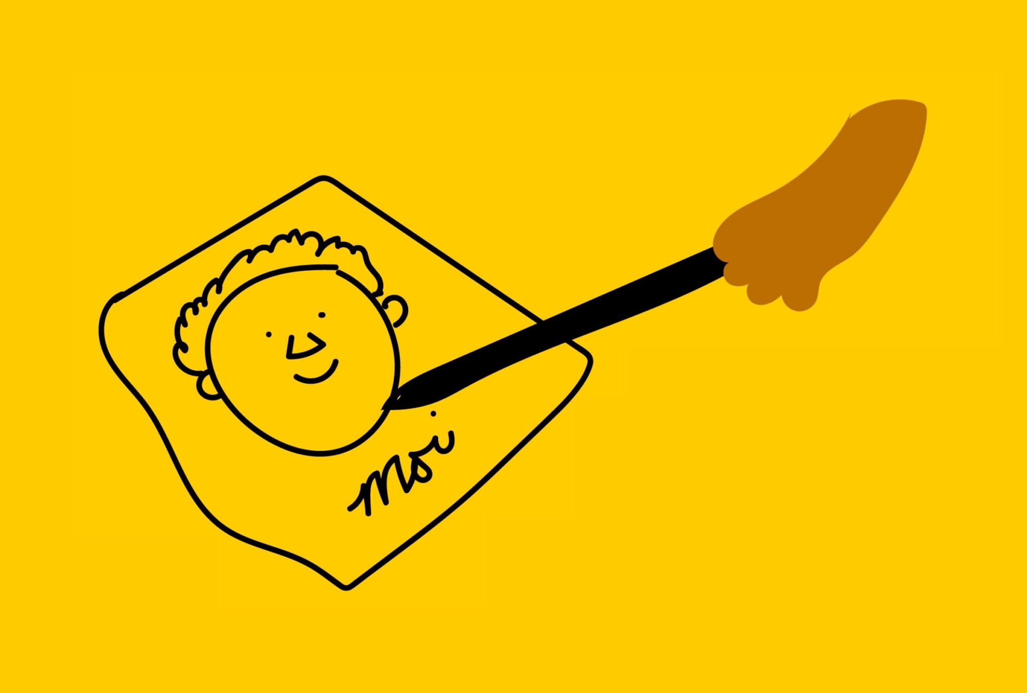 A bright yellow cartoon image with a hand holding drawing materials, drawing a face with the word 'moi' underneath.