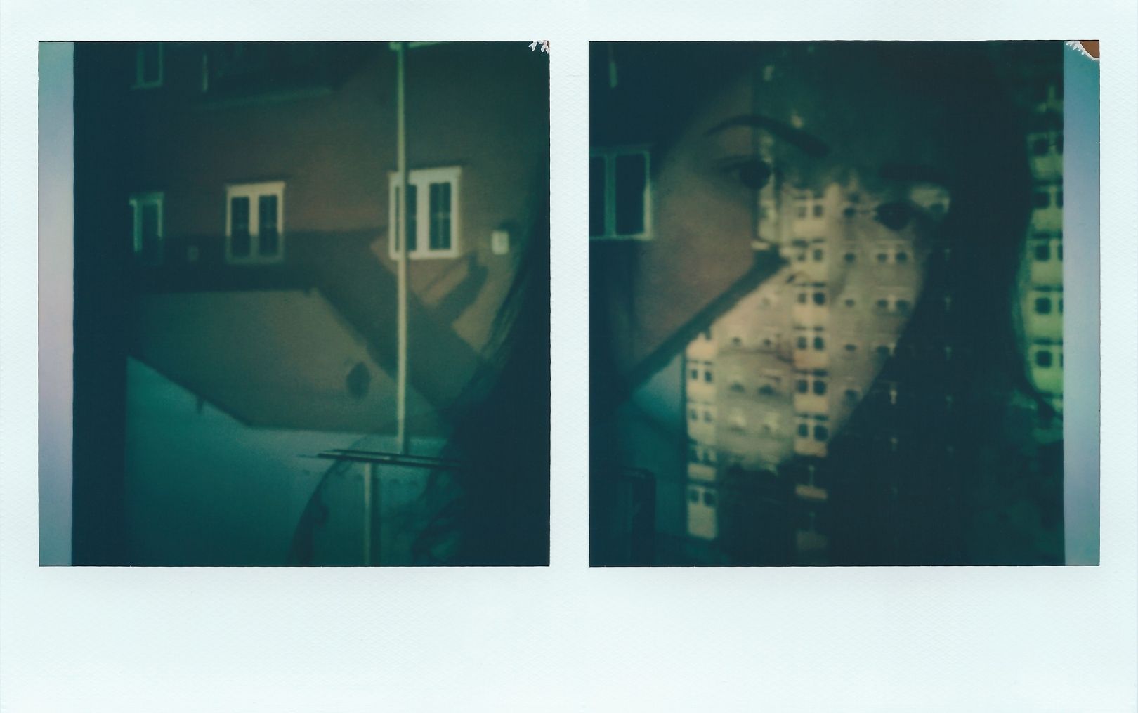 A polaroid duo. The left image shows the artist’s head, overlaid with an upside-down image of a busy suburban street, flats appear on her face. The colours are mostly browns, cream and hints of blue. The left image shows a house and an interior radiator