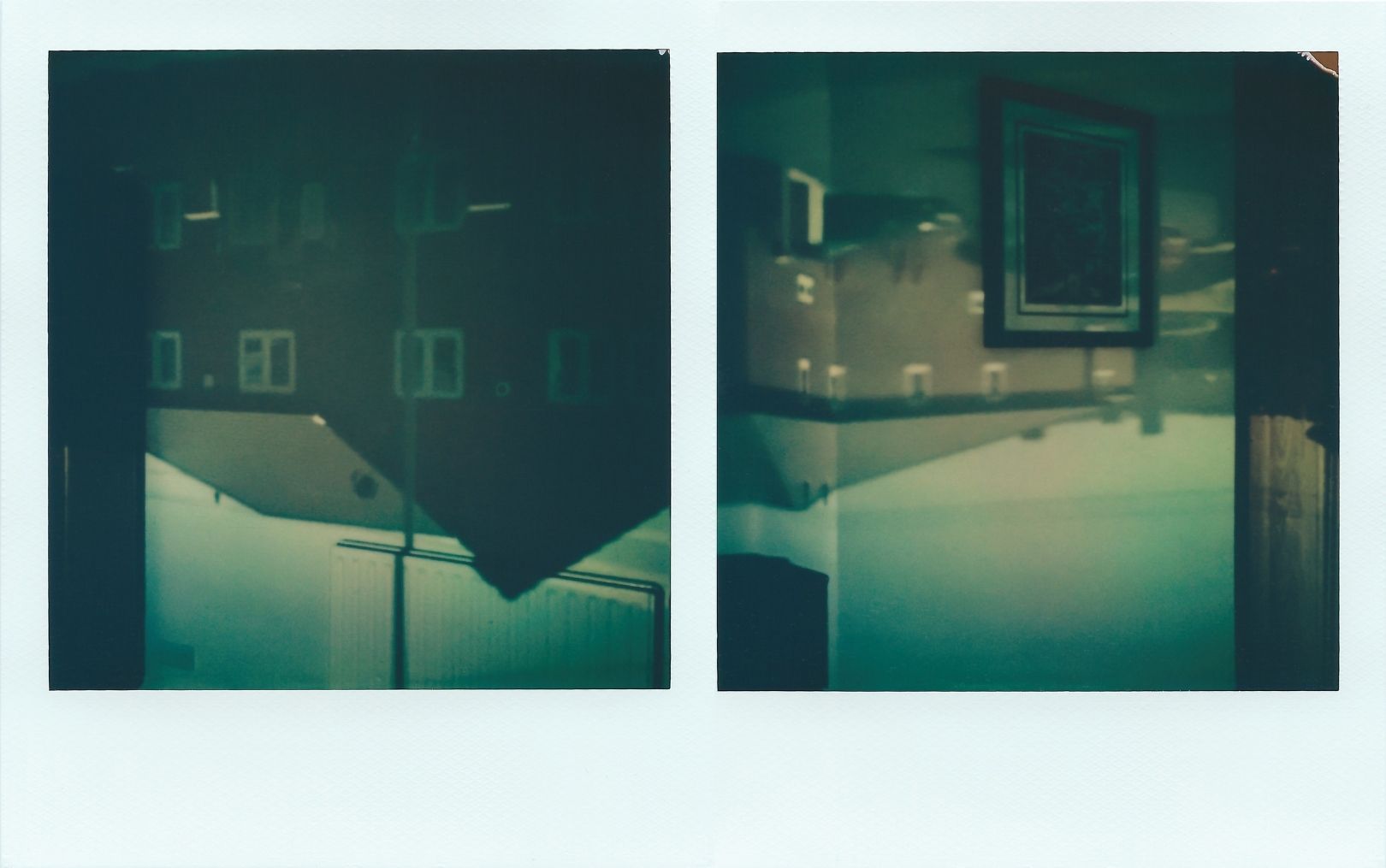 A polaroid duo. Both images show the upside-down image of a suburban street, with multiple two-storey houses. The right set of houses are more stretched. The colours are mostly browns, cream and hints of blue. The left image shows a house and an interior radiator, the image of a lamppost overlaps the radiator.