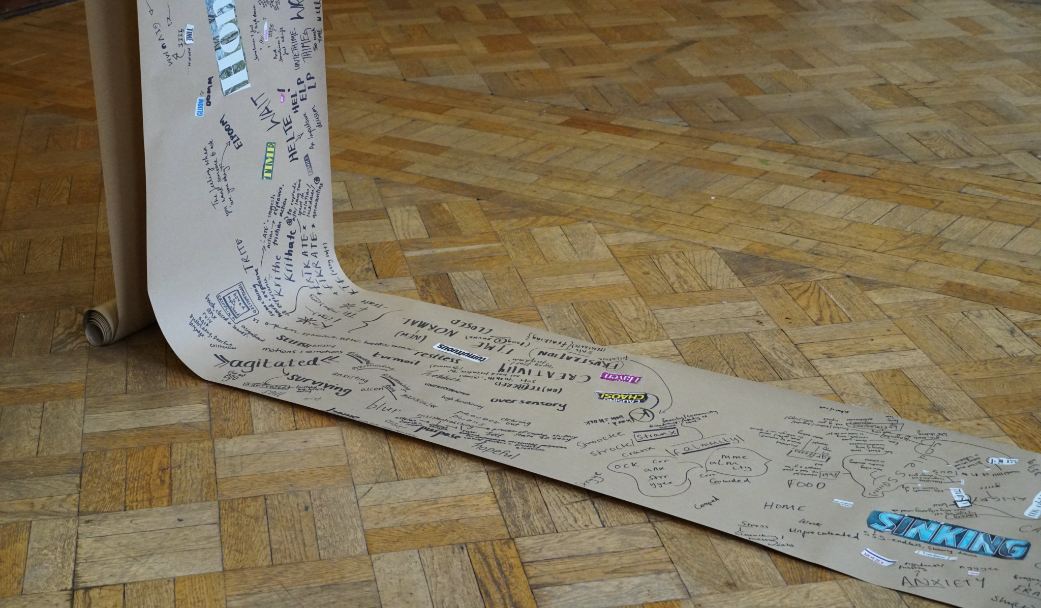 a roll of brown paper falls vertically into the landscape image and folds into the right of the image. The paper is covered in words written in different sizes and styles, including ‘agitated’ and ‘sinking’