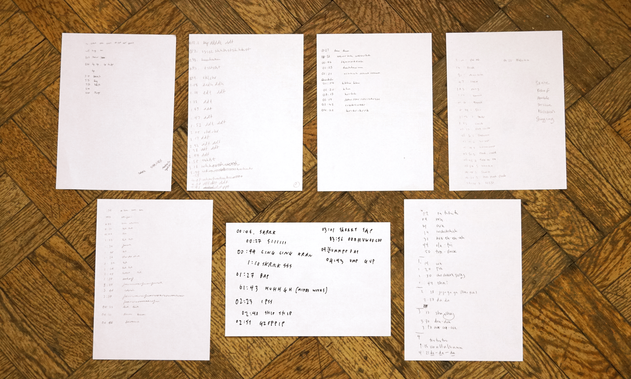 7 pieces of paper containing hand written notes with timestamps and letters assembled into rows. The letters create undistinguishable words, including ‘skrrksss’ and ‘dtt dtt dtt’