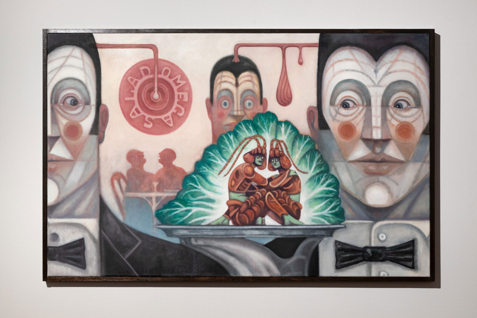 Painting of three blushing waiters and two embracing lobsters