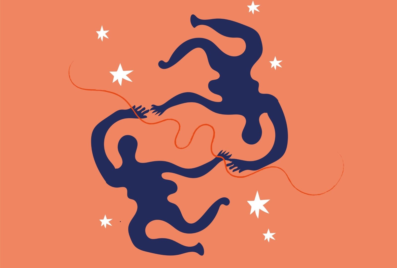 a digital drawing of abstract female figures dancing together. The forms are dark blue and the background is peachy pink with white stars
