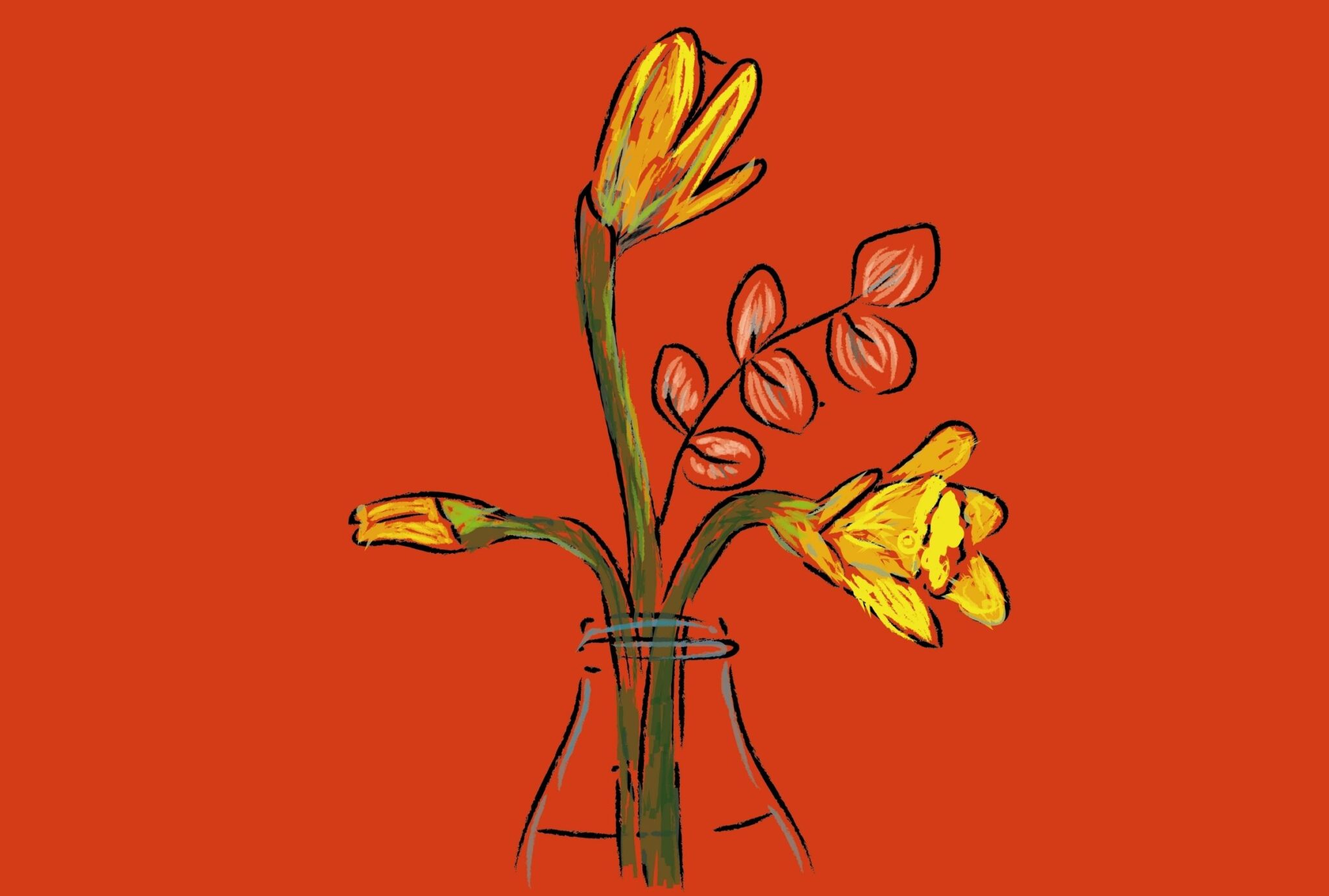 a chalk pastel drawing of yellow daffodils in a vase on a red background