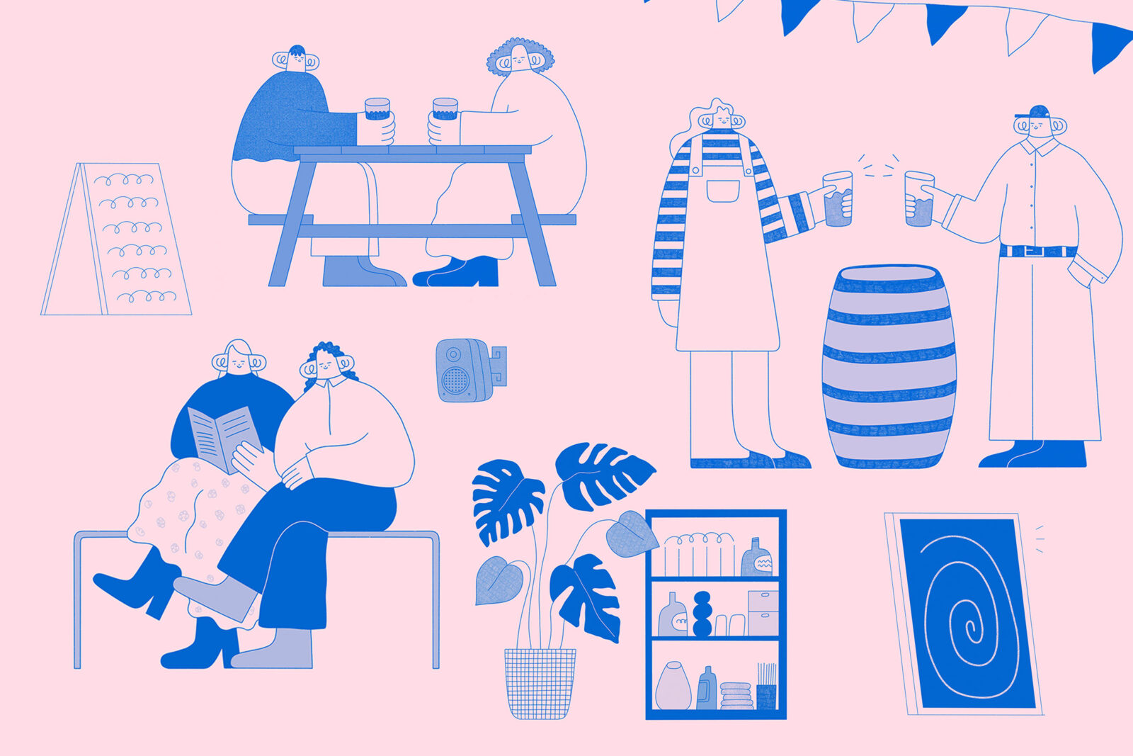 Pink and blue illustrations of characters drinking pints at The Tetley, or reading exhibition guides