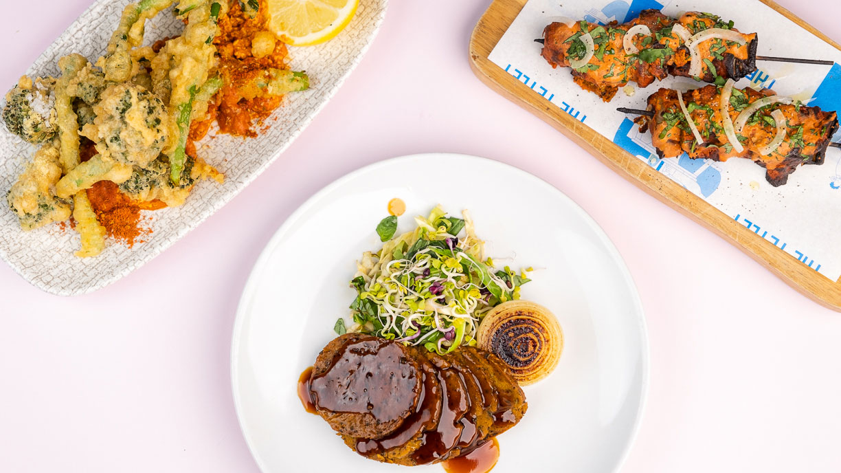 Tempura vegetables, tandoori seitan and a braised seitan dish