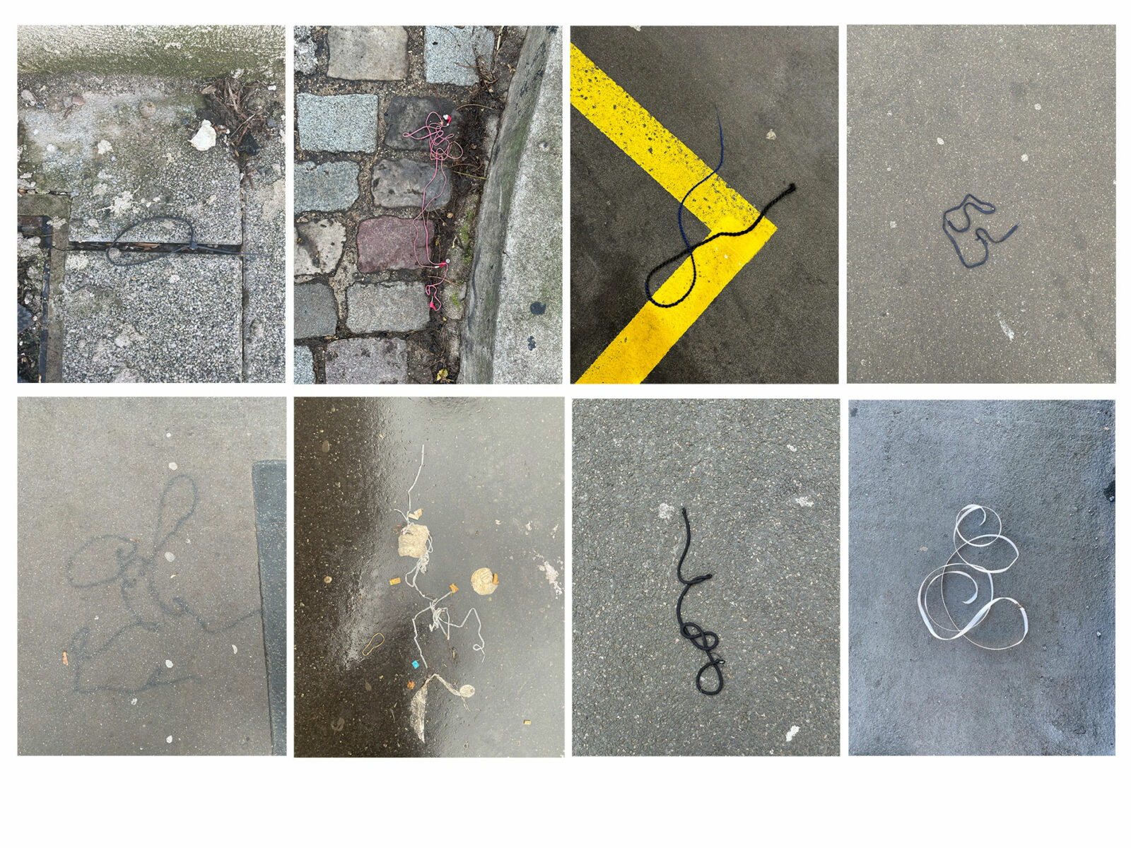 Eight tiled photographs of squiggles and shapes of fabric that look a little like letters