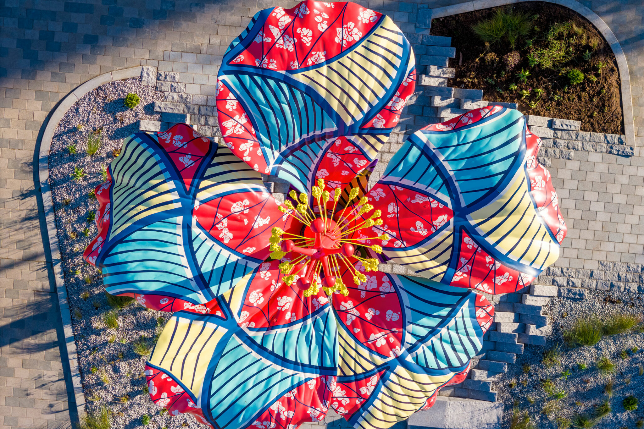 An aerial view of Hibiscus Rising with bright colours and batik patterns