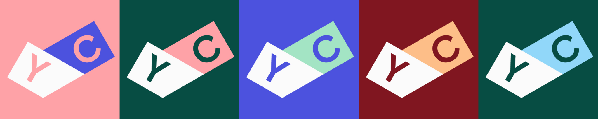 Repeated angular shapes in different colours, all contain the letters 'YC'
