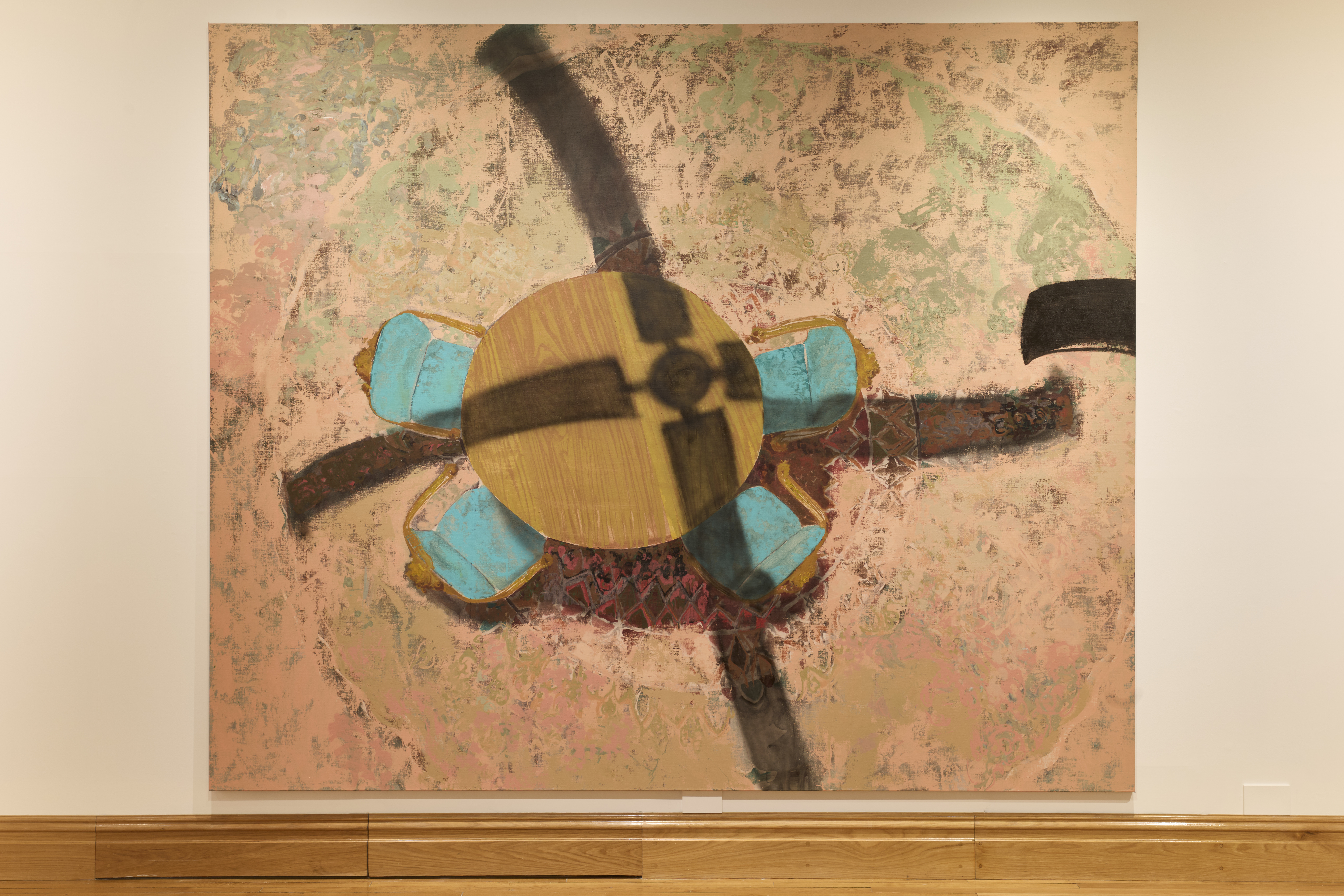 Abstract painting depicting a circular wooden table with four blue chairs viewed from above. Black lines and pastel textures create a dynamic, earthy feel.