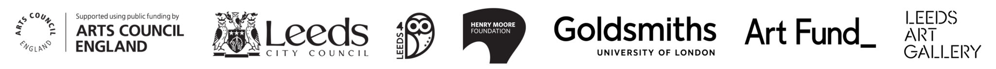 Logos of various organizations including Arts Council England, Leeds City Council, Leeds 400, Goldsmiths, Art Fund and Leeds Art Gallery in a horizontal lineup. The tone is official.