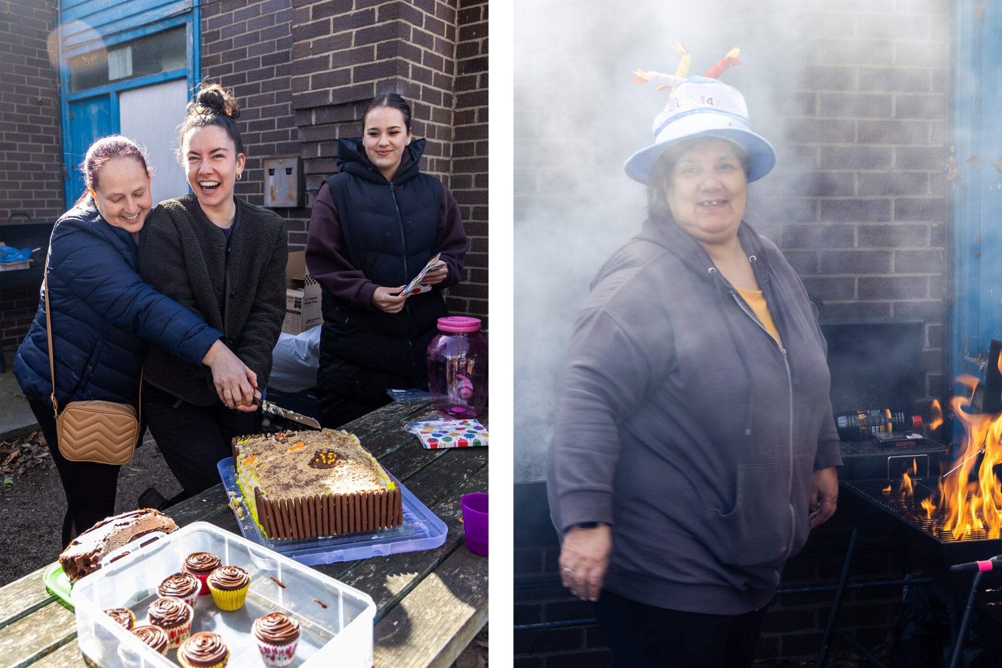 Two images: Left, three women joyfully gather around a large cake outdoors. Right, a woman smiling, wearing a novelty hat, stands near a smoky barbecue.